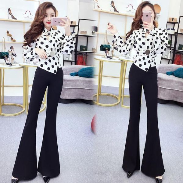

women's two piece pants women 2021 spring fashion sets female irregular polka-dot ladies high waist slim flare trousers suits t277, White