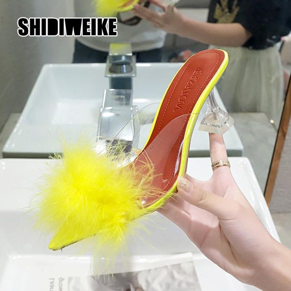 

shoes woman 2021 slippers heels pointed toe fur flip flops jelly high thin plush transparent pumps rome style large size vb264, Black