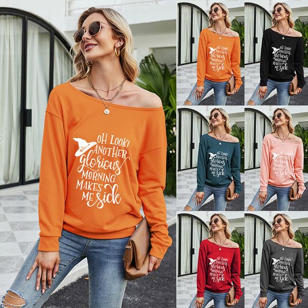 

2021 autumn fashion wansheng letter printing loose diagonal shoulder long sleeve women's sweater, Black
