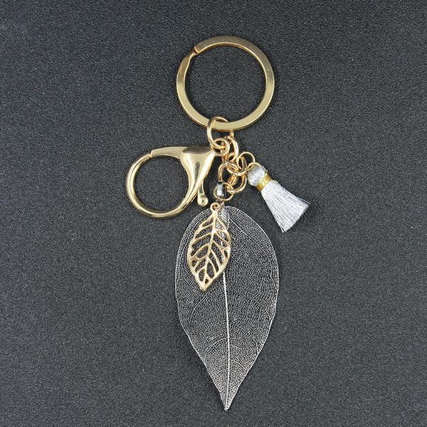 

keychains 1 pc arrival real leaf and tassel key buckle ring golden chain bag charm kc001, Silver