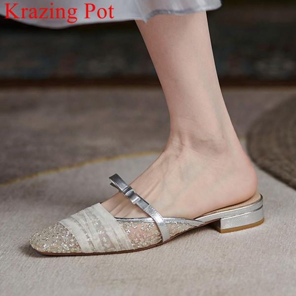 

slippers krazing pot size breathable mesh summer shoes butterfly-knot outside slip on pleated casual brand elegant concise mules, Black