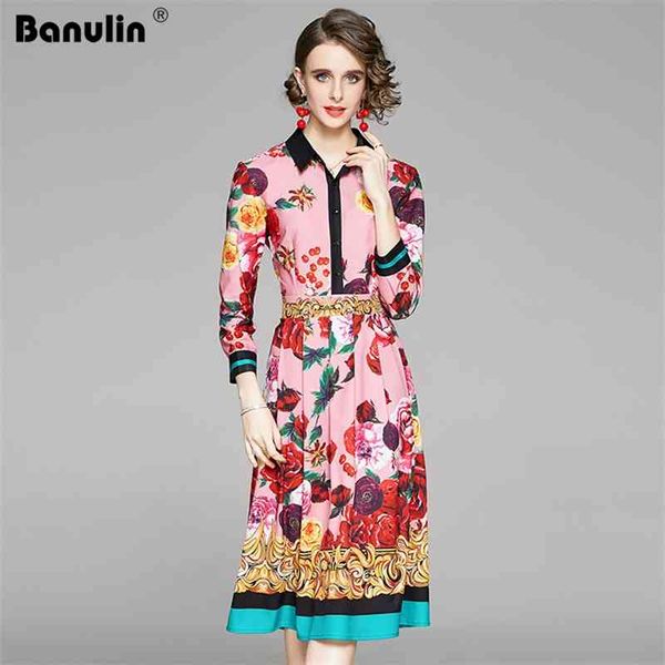 

banulin spring runway elegant shirt dress women turn down neck floral print midi office work party vestido robe 210603, Black;gray