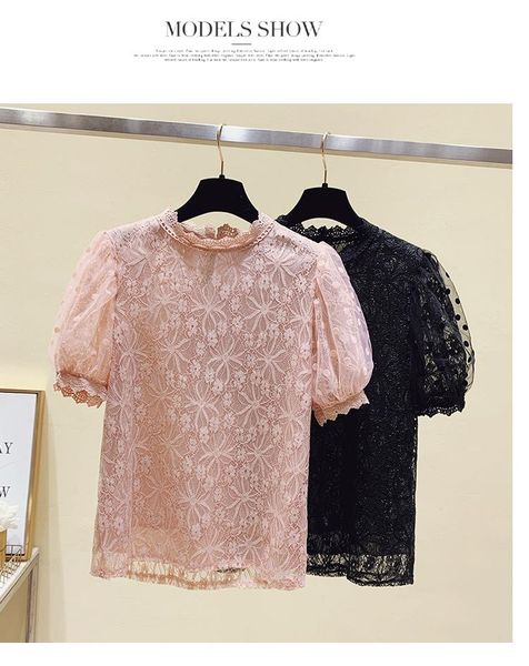 

women's blouses & shirts femme 2021 summer temperament crocheted hollow lace shirt short sleeve ladies blusas, White