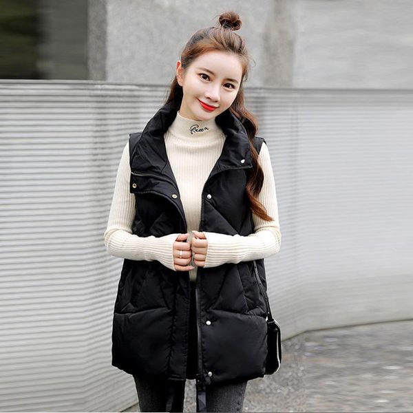 

women's vests black winter warm cotton clothes women korean stand collar puffer vest female 2021 fashion ladies waistcoat large size, Black;white