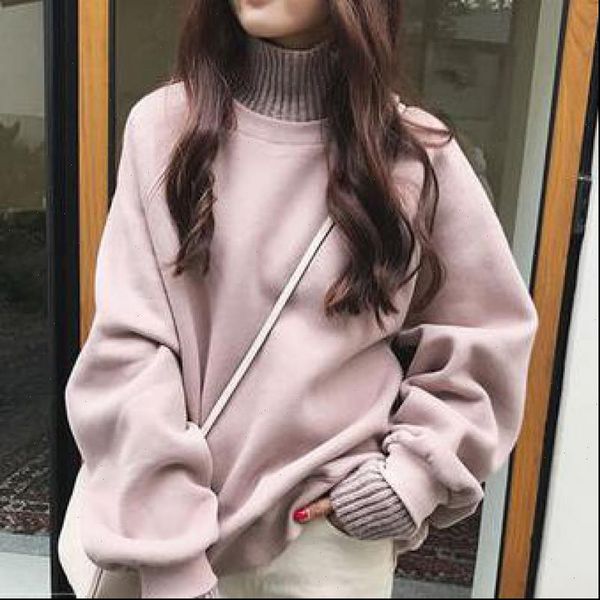 

autumn and winter fashion high collar plus velvet warm sweater korean version of the loose long sleeved womens sweater, White;black