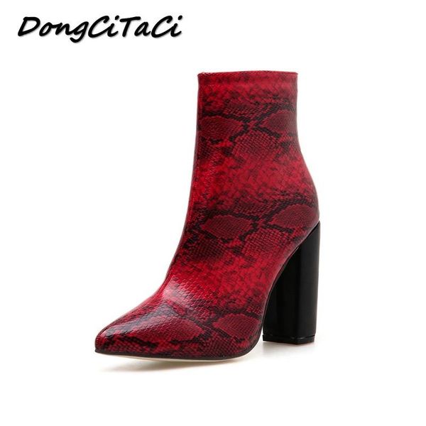 

boots n autumn women high heels woman thick snake print ankle short booties fashion cool western knight, Black