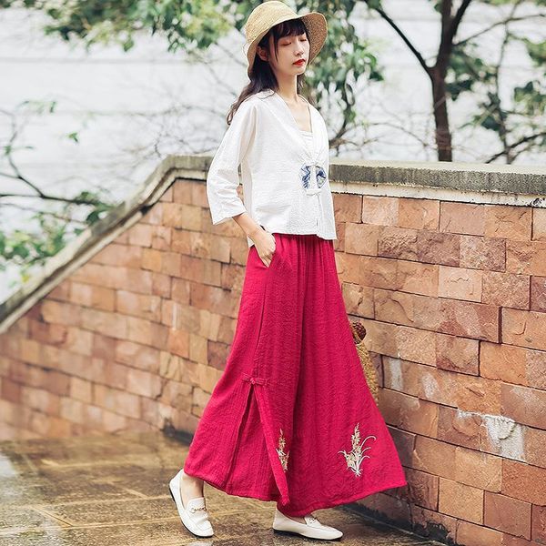 

women yoga pant linen embroidery loose wide leg sweatpants jogger fitness tai chi kugnfu meditaition casual workout trousers outfit