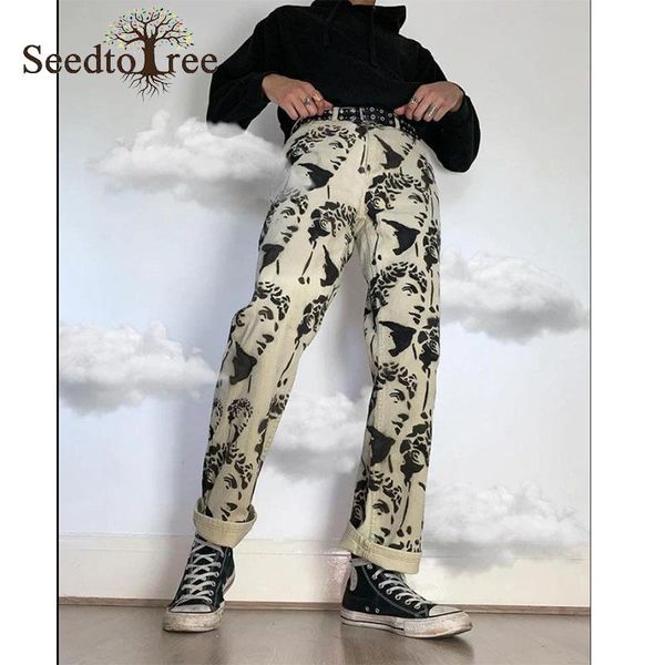 

men's jeans loose white washed straight printed denim trousers, Blue