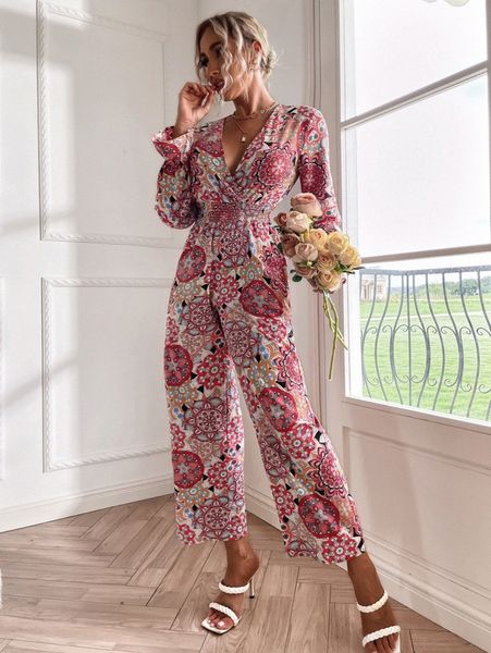 

mandala print flounce sleeve shirred jumpsuit k4zu#, White