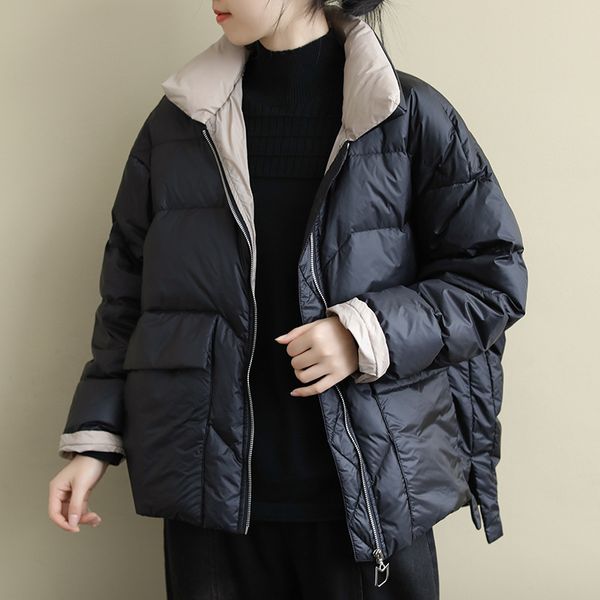 

2021 new women white duck jacket winter stand collar loose down coat female warm short snow outwear hliv, Black