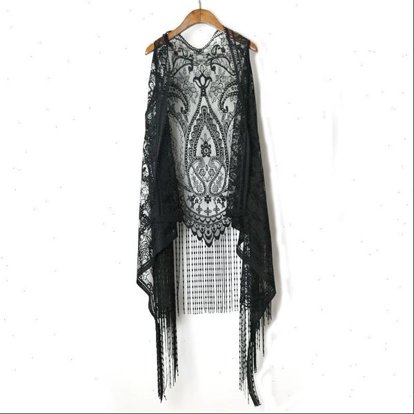 

crochet lace harajuku holiday blouses lace crochet boho women sleeveless tassles hollow out blouse beach kimono cardigan, White