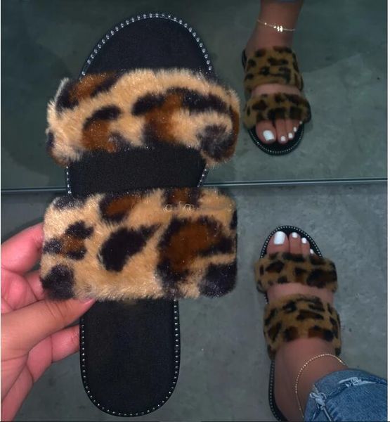

2021 fashion women's platform winter warm sandals leopard print slip-on outside slippers ladies cute flat slippers 9105, Black