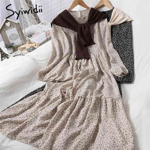 

fashion 2 piece dress for women floral print puff sleeve o-neck a-line dresses with solid knitted shawl spring 210607, White