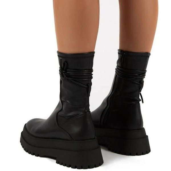 

boots 2021 platform fashion mid calfskin women shoes ankle warm winter zipper leather botas mujer, Black