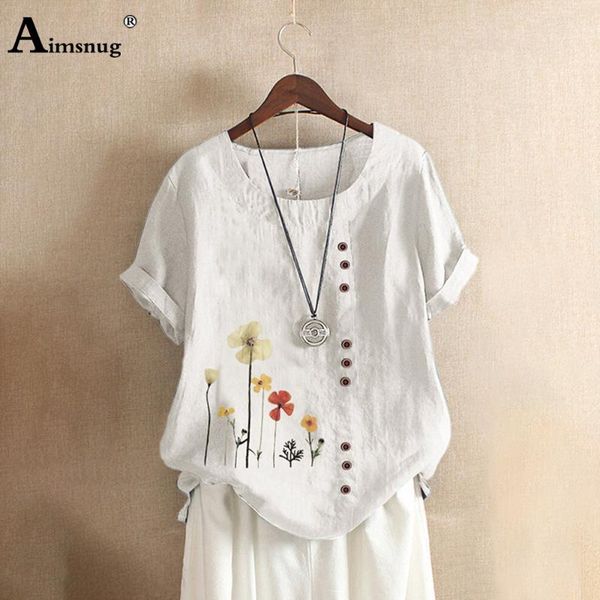 

women's blouses & shirts 2021 summer printed splice fake buttons linen blouse o neck blusas female short sleeve plus size 5xl casual, White