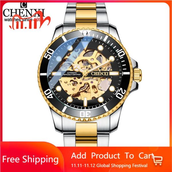 

wristwatches chenxi men gold stainless steel watches fashion automatic mechanical watch male luminous hands clocks 30m waterproof, Slivery;brown