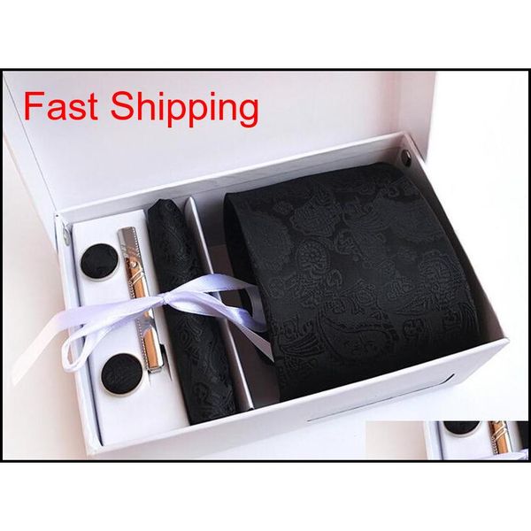 

classic men neck tie set (tie+tie clips+cufflinks+hanky+box) paisley necktie man formal silk tie suit business tie wedd qyllhs bdefashion, Black;blue