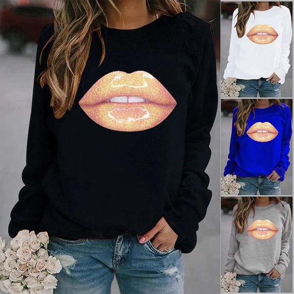 

women's hoodies & sweatshirts lip printed women fleece long sleeve o neck loose sweatshirt girls hoodie pullovers winter, Black