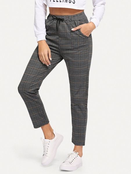 

plaid drawstring waist pants g5k0#, Black;white