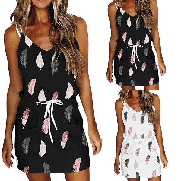 

casual dresses feather print dress women oversize v-neck sleeveless bandage ladies plus size pocktes loose vest sling robe, Black;gray