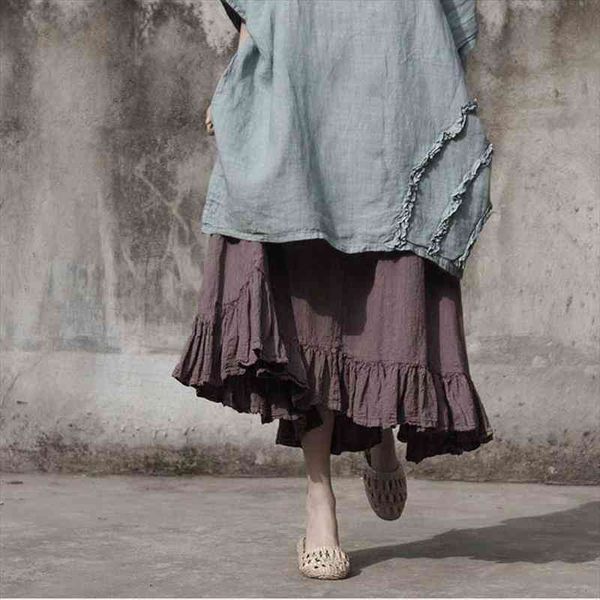 

elastic waist cotton linen womens skirt pockets vintage spring casual solid color a-line ruffle, Black