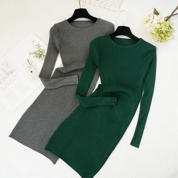 

casual dresses autumn winter women elastic knitted sweater dress slim bodycon o-neck long sleeve bottoming party vestido 2021 fz06, Black;gray
