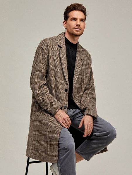 

men lapel neck plaid pattern button front drop shoulder overcoat c6m2#, Black;brown