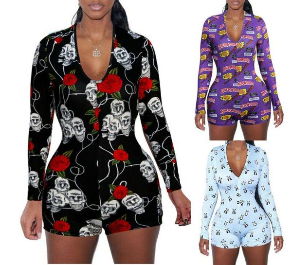 

women's jumpsuits & rompers women v-neck animal print bodycon sleepwear jumpsuit button bodysuit shorts romper 3 colors leotard long sl, Black;white