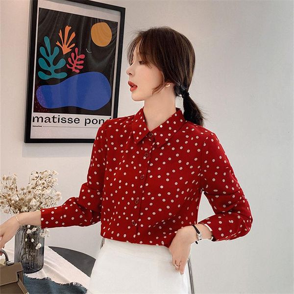 

women's blouses & shirts female polka dots printed blouse korea spring casual chic single breasted chiffon women blusas shirt, White