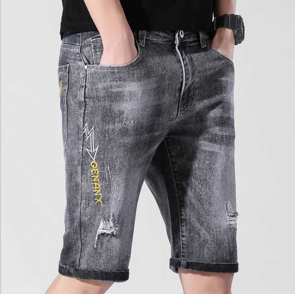

mens denim shorts new 2021 summer men's denim pants stretchy ripped patched embroidered pant man, Blue