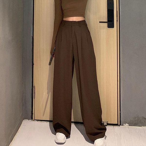 

retro solid color wild straight womens pant wide leg spring korean fashion high waist casual long cotton, Black;white