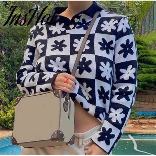 

y2k women flower plaid knit sweater autumn winter female turn down collar button knitwear loose casual pullover 210922, White;black
