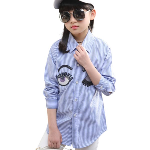 

2021 new kids long-sleeve for girls spring fall marks children striped vertical blouse teen shirt standard eyes zw75, White