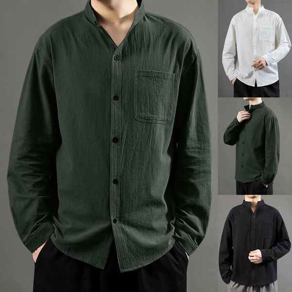 

men's casual shirts collar stand long single pocket breasted solid shirt sleeve men, White;black