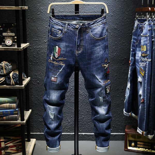 

men's tight jeans, elastic blue splicing pants, tear, european brand, js1059