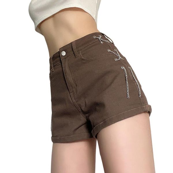 

women's shorts arrival stylish women high rise denim shorts, solid color wide leg cross chain tie up short jeans, White;black