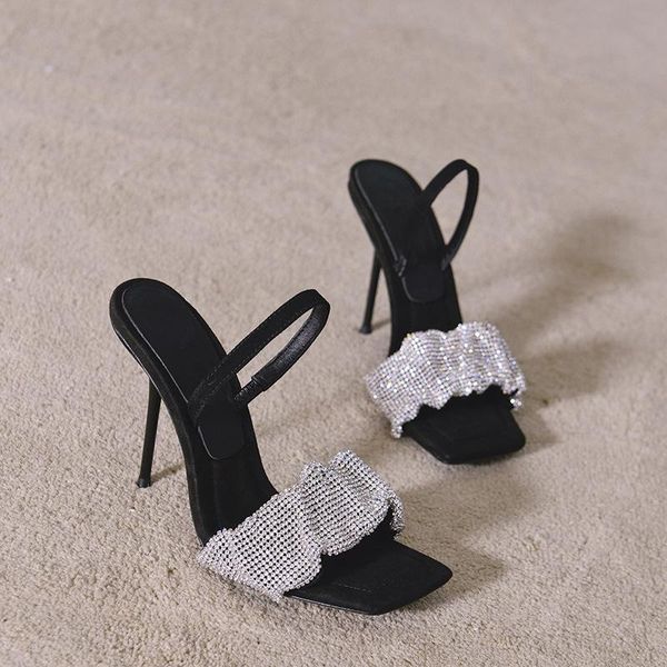 

sandals 2021 summer rhinestone high heel square head with thin open toe women's shoes, Black