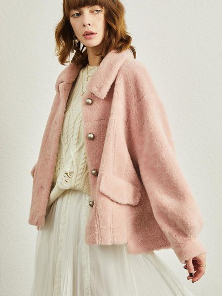 

women's fur & faux young pink sheep shearing coat granular lamb 2021 small, Black