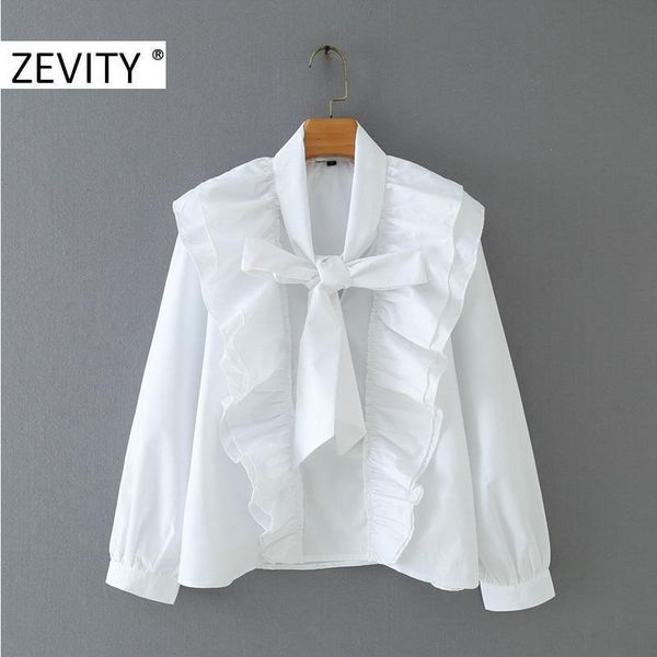 

zevity new women fashion v neck bow tie casual smock blouse shirt women pleated ruffles chic white blusas streetwear ls7241