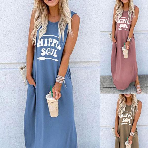 

women o neck midi dress summer beach sundress letter printed sleeveless casual daliy boho long maxi dress vestidos de verano, Black;gray