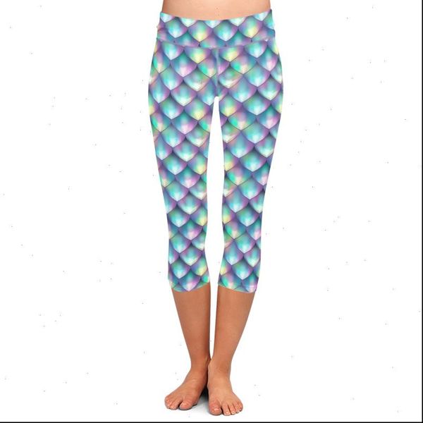 

summer new women capri leggings 3d fish scales print high waist plus size casual mid calf pants, Black