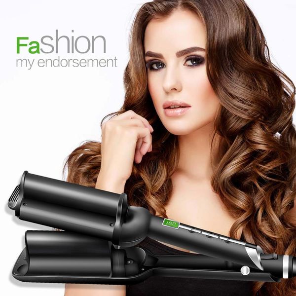 

professional hair curler 32mm deep wave hair curling irons ceramic triple barrel wave curlers big corrugated deep hair curler, Black