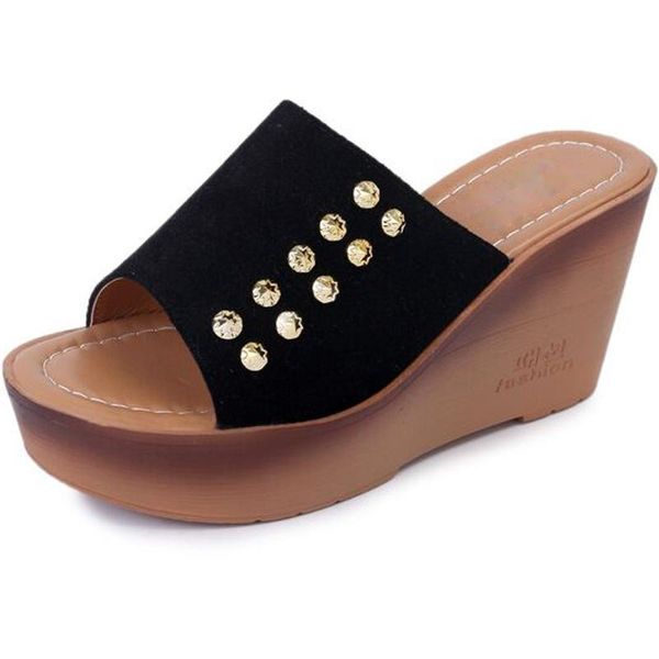 

summer women muffled thick bottom slippers european and american fashion korean frosted rivets female sandals, Black