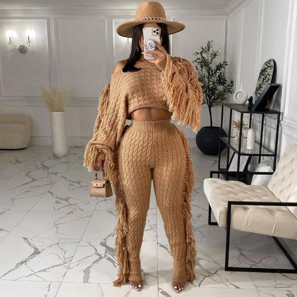 

women's two piece pants echoine autumn winter thick knitted sweater and set tassel fringe crop tracksuit matching, White
