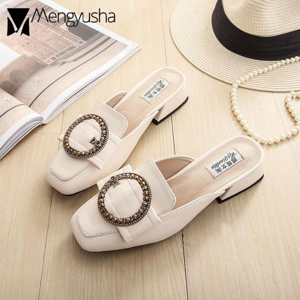 

slippers crystal buckle strap design mules woman summer outside shoes big size low heel slides lazy roman sandals 2021, Black