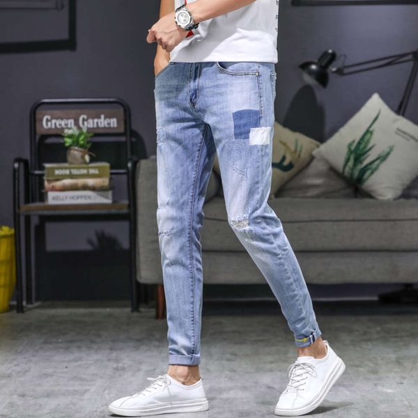 

spring and summer light color pierced jeans fashion brand stretch slim little leg long pants men's handsome versatile korean versionwin, Blue