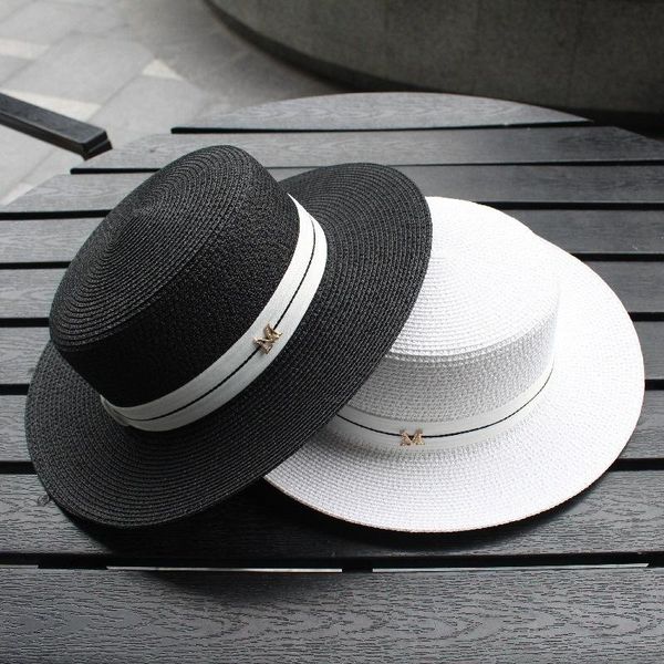 

wide brim hats 2021 m letter flat straw hat ribbon boater beach women's summer fedora panama travel sun cap, Blue;gray