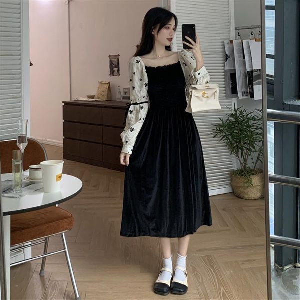 

casual dresses early autumn women's 2021 dress french temperament small square neck velvet long sleeve black, Black;gray