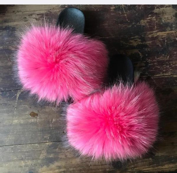 

slippers indoor and outdoor women us4-11 size mixed-color fur slippe, Black