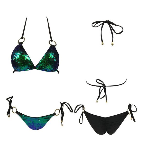 

in the wind women shiny sequin triangle bikini set string beachwear cross high neck halter swimsuit low waist bathing suit